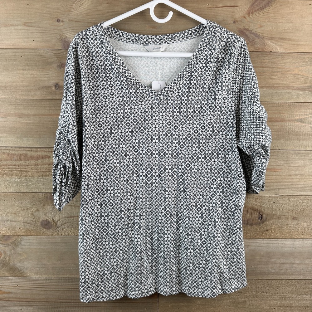CJ Banks‎ Womens Shirt 3/4 Ruched Cinch Tie Sleeve Vneck Geometric Size X